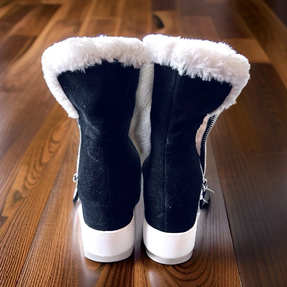 Steve Madden Black Suede Bootie with White Faux Fur Lining Trim Size 8-1/2 NWT - Picture 3 of 6